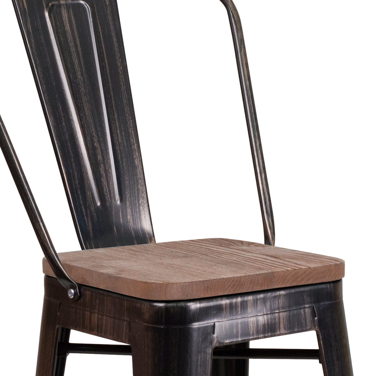 24" High Metal Counter Height Stool with Back and Wood Seat