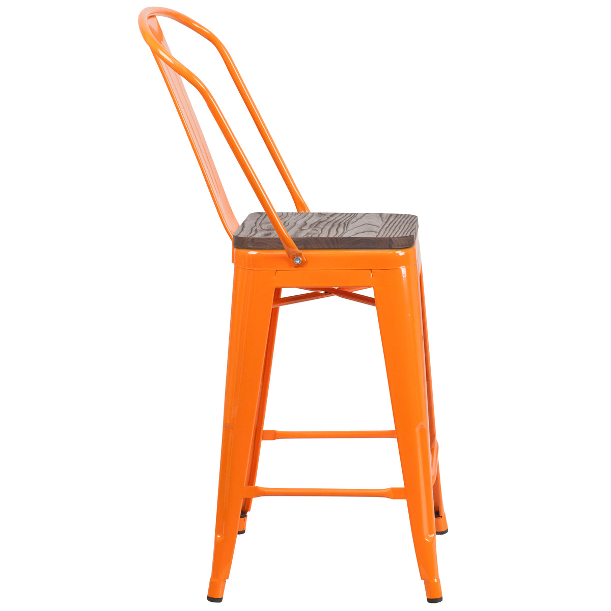 24" High Metal Counter Height Stool with Back and Wood Seat
