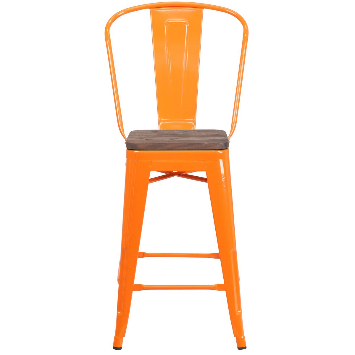 24" High Metal Counter Height Stool with Back and Wood Seat