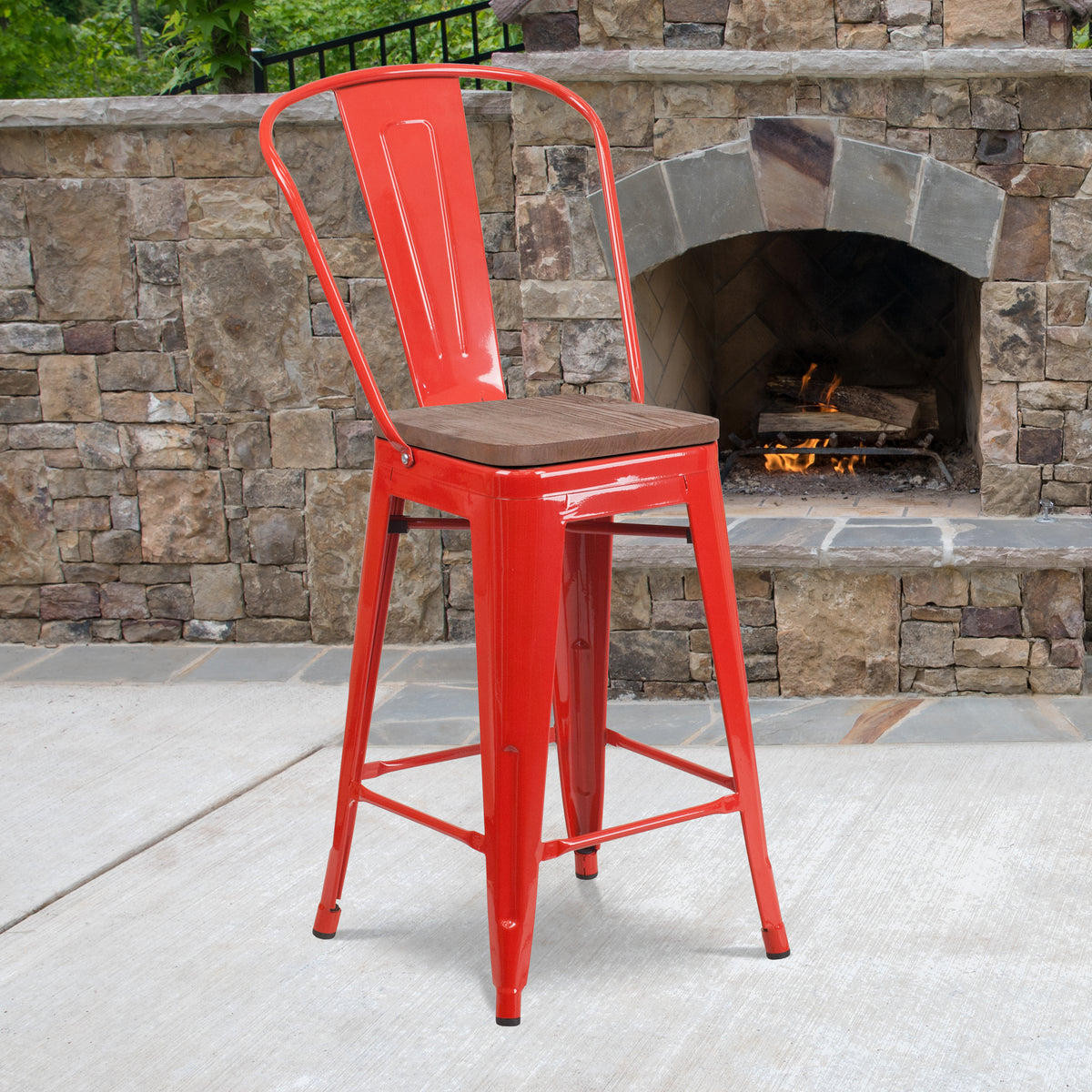 24" High Metal Counter Height Stool with Back and Wood Seat