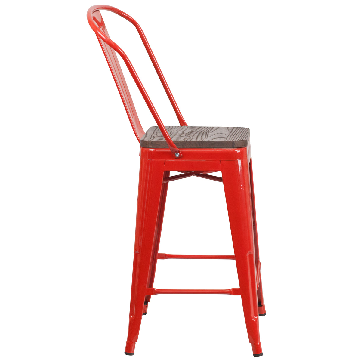 24" High Metal Counter Height Stool with Back and Wood Seat