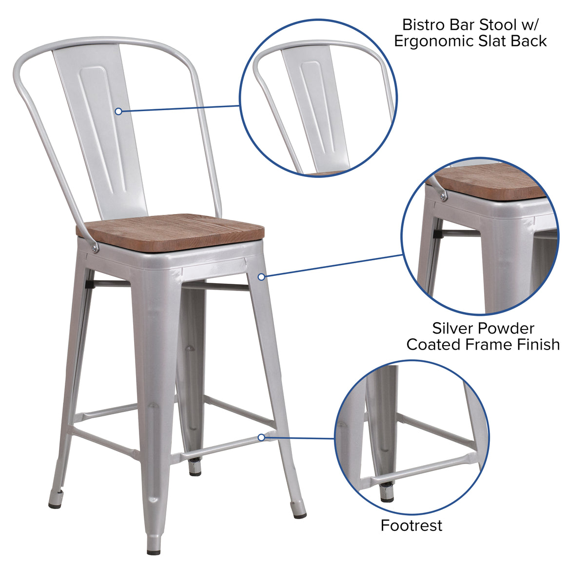 24" High Metal Counter Height Stool with Back and Wood Seat