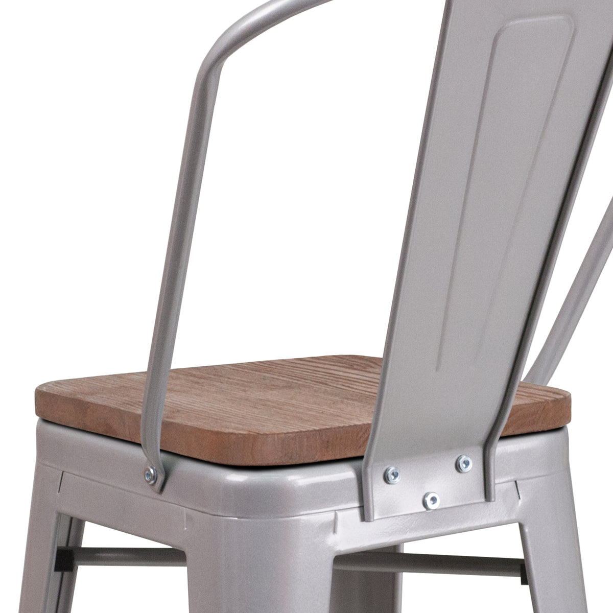 24" High Metal Counter Height Stool with Back and Wood Seat