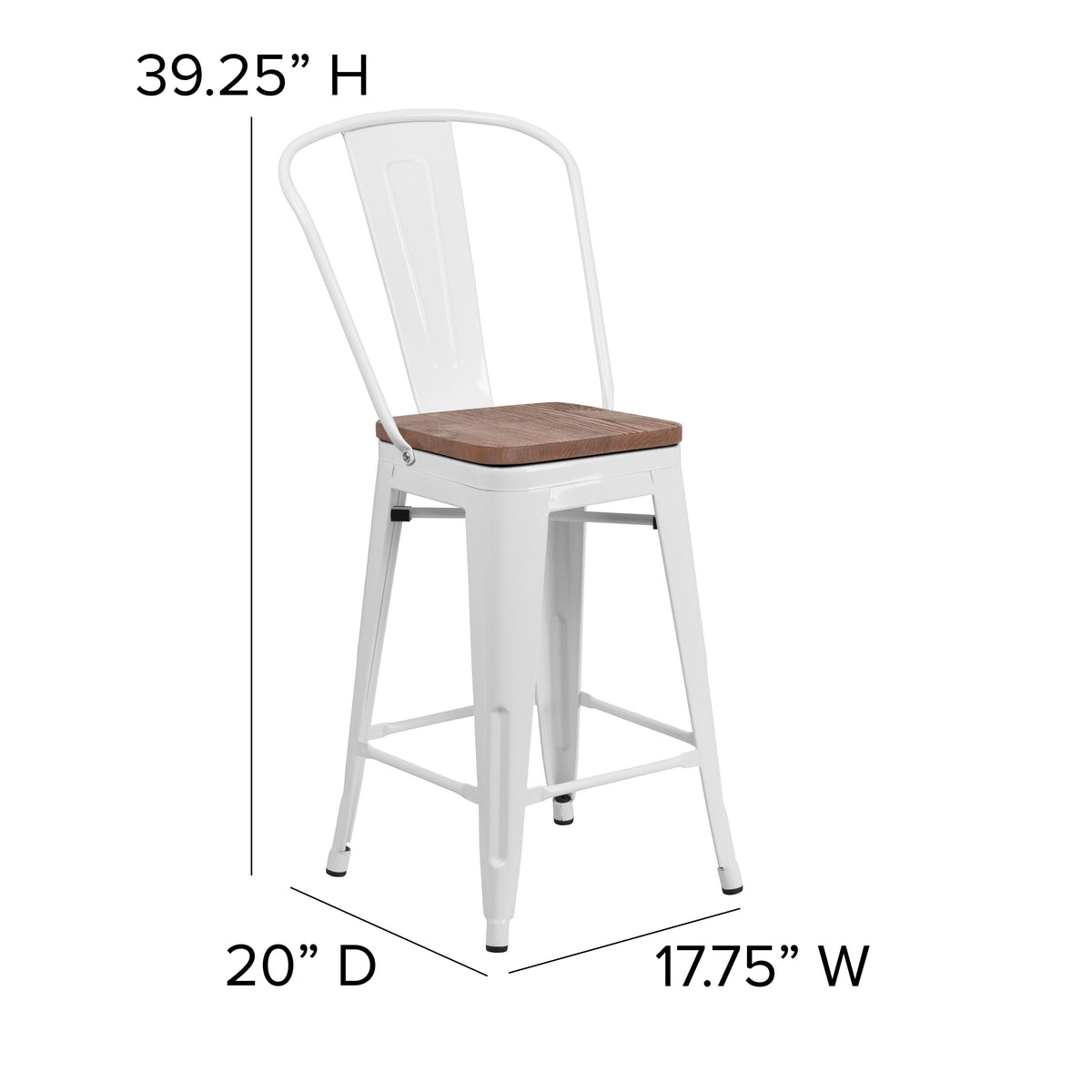 24" High Metal Counter Height Stool with Back and Wood Seat