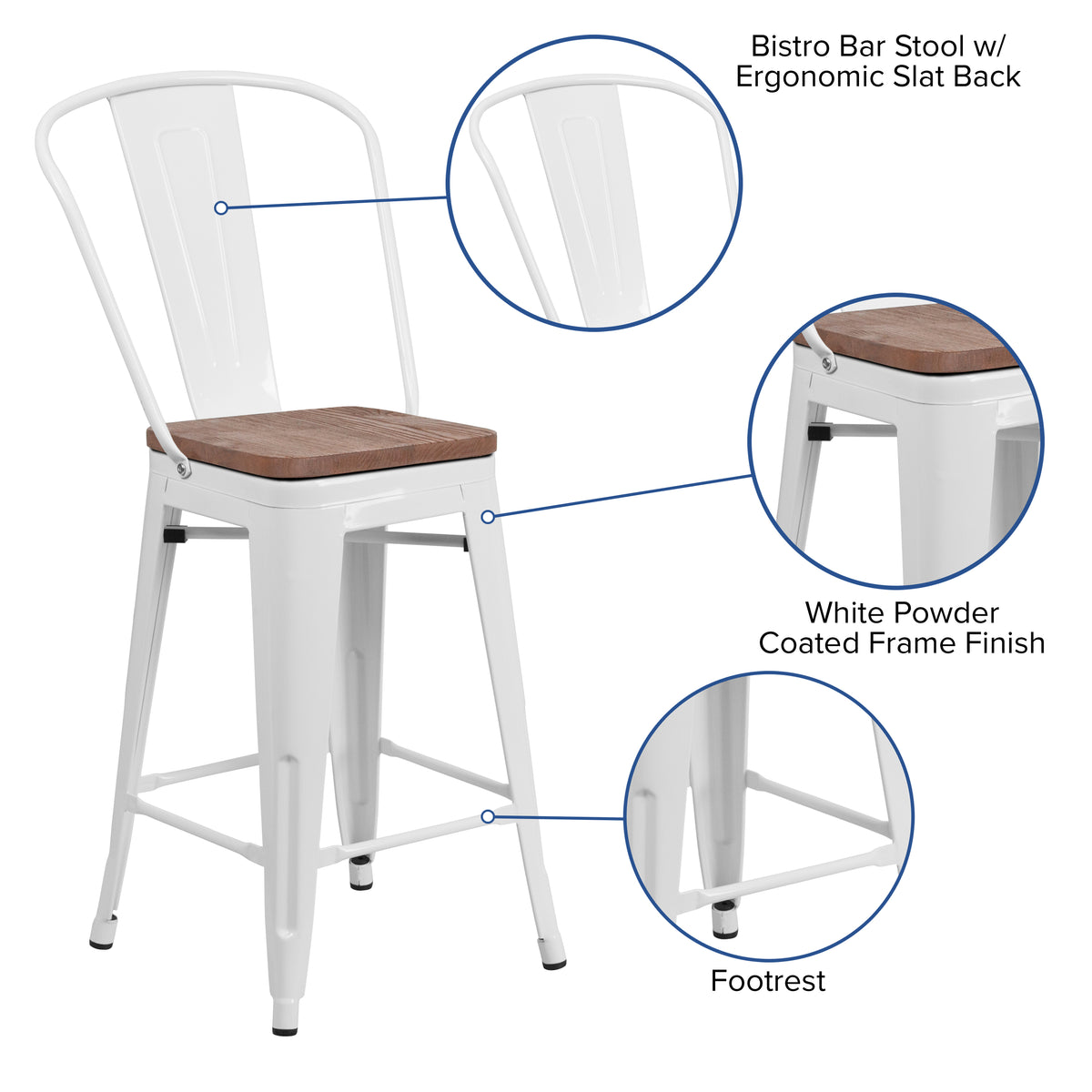 24" High Metal Counter Height Stool with Back and Wood Seat