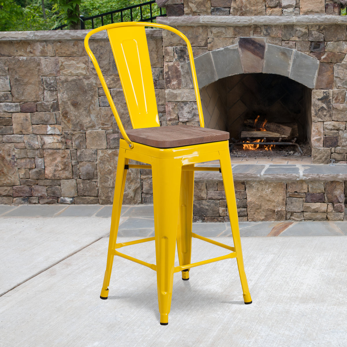 24" High Metal Counter Height Stool with Back and Wood Seat