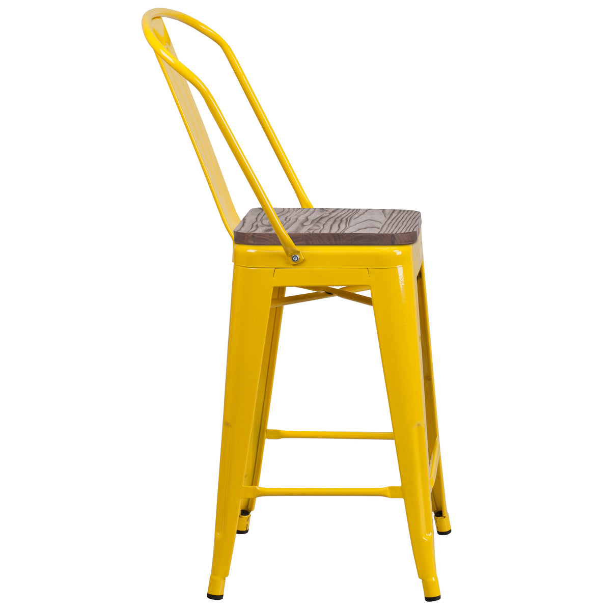 24" High Metal Counter Height Stool with Back and Wood Seat