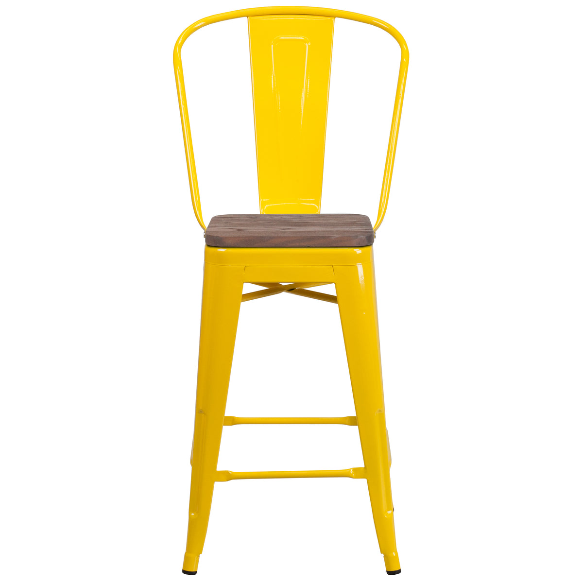 24" High Metal Counter Height Stool with Back and Wood Seat