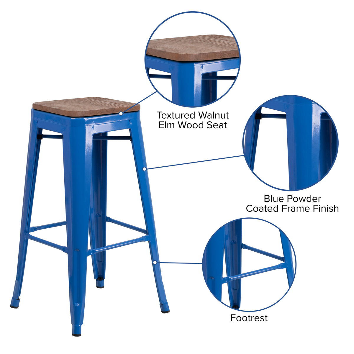 30" High Backless Metal Barstool with Square Wood Seat