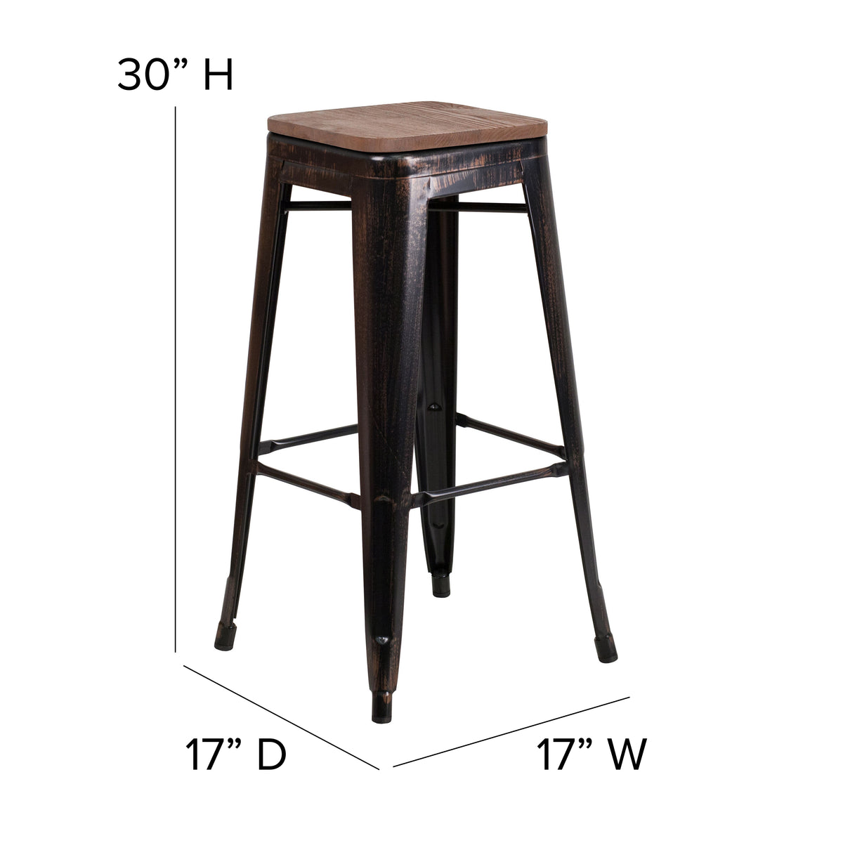 30" High Backless Metal Barstool with Square Wood Seat