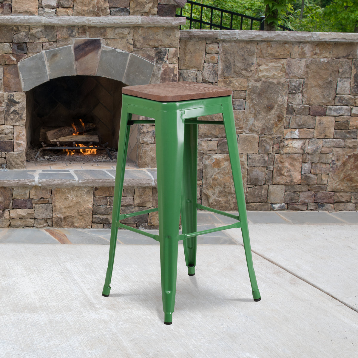 30" High Backless Metal Barstool with Square Wood Seat