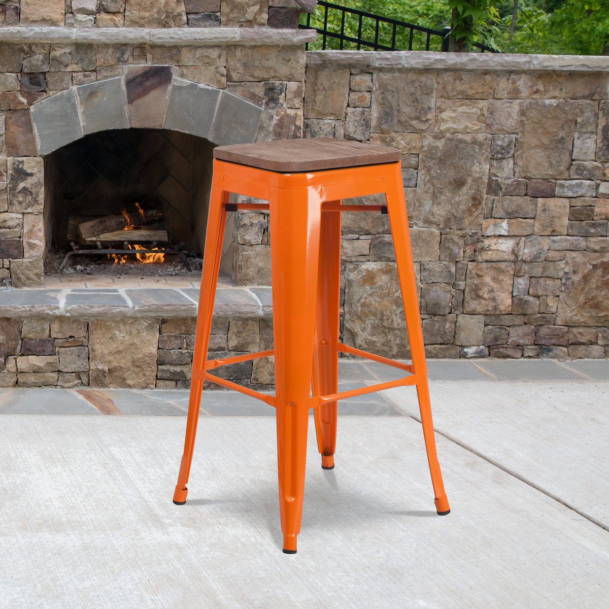 30" High Backless Metal Barstool with Square Wood Seat