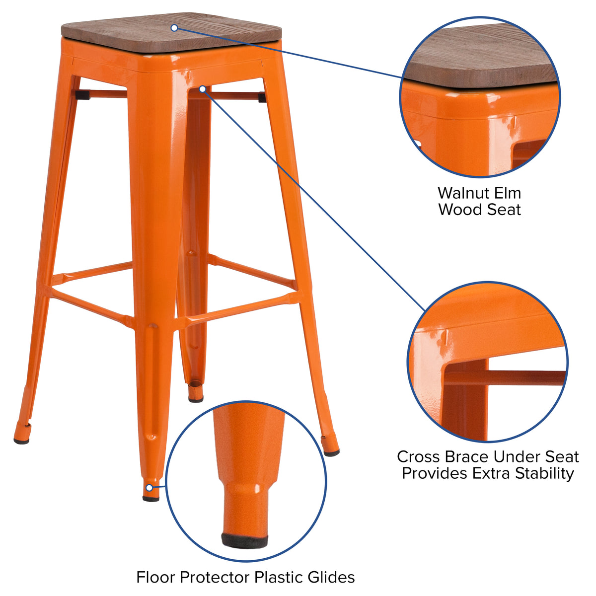 30" High Backless Metal Barstool with Square Wood Seat