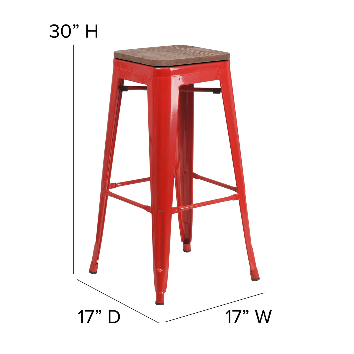 30" High Backless Metal Barstool with Square Wood Seat