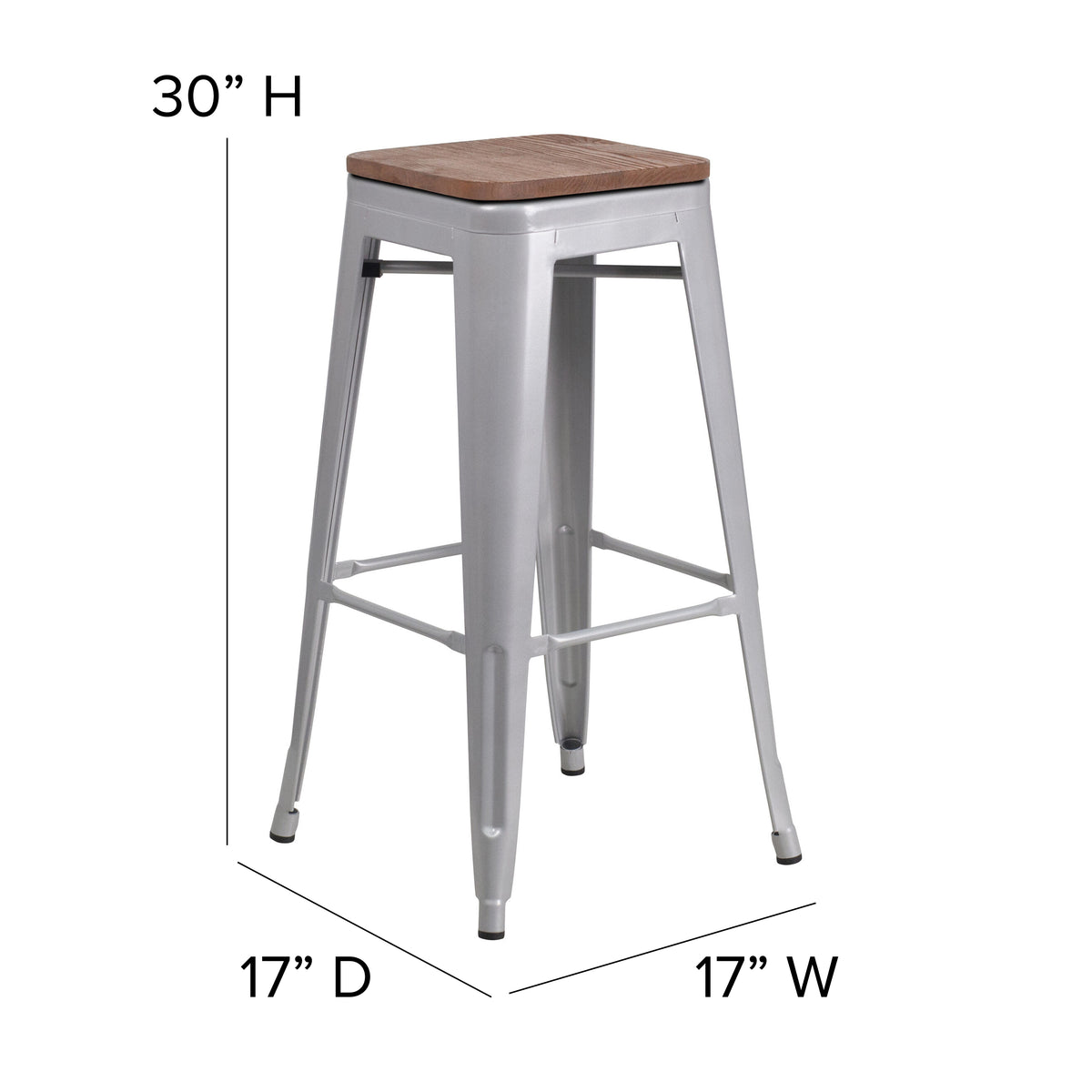 30" High Backless Metal Barstool with Square Wood Seat