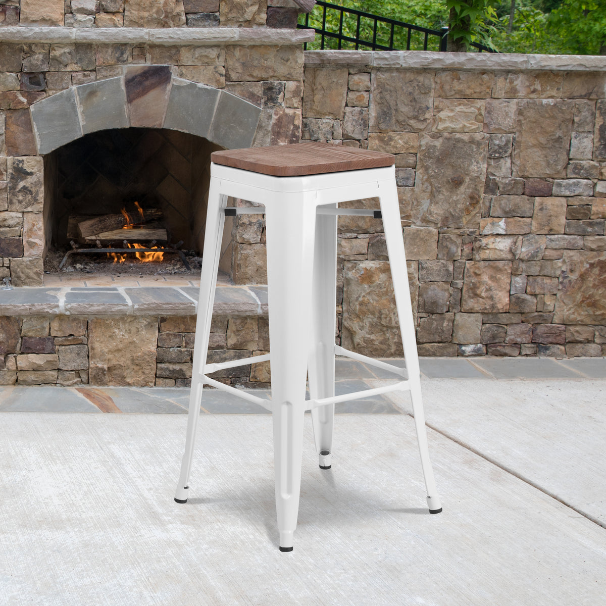 30" High Backless Metal Barstool with Square Wood Seat