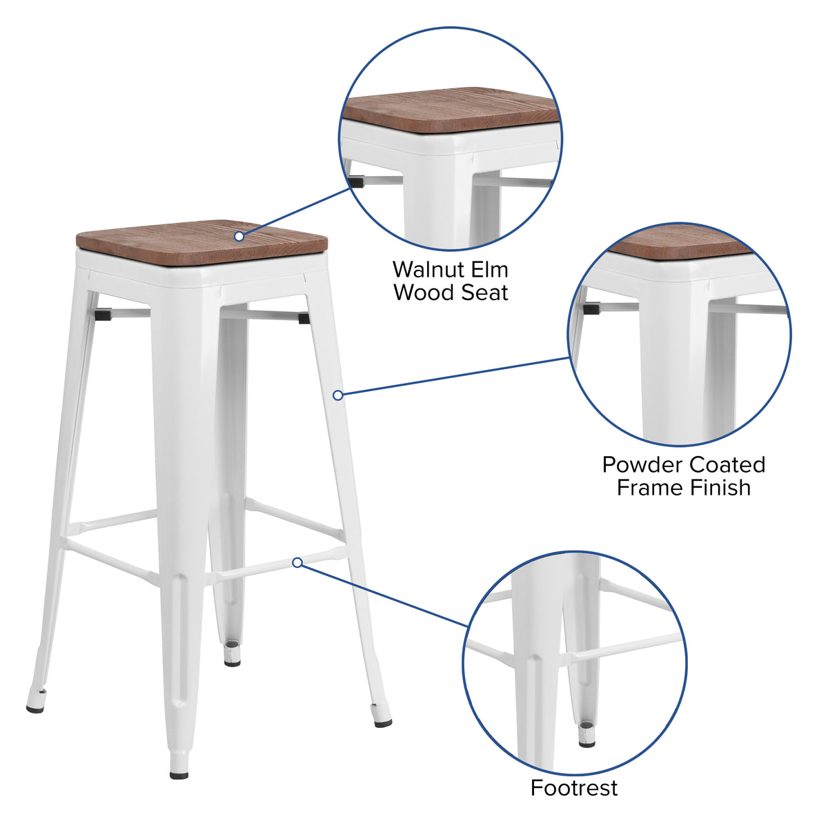 30" High Backless Metal Barstool with Square Wood Seat