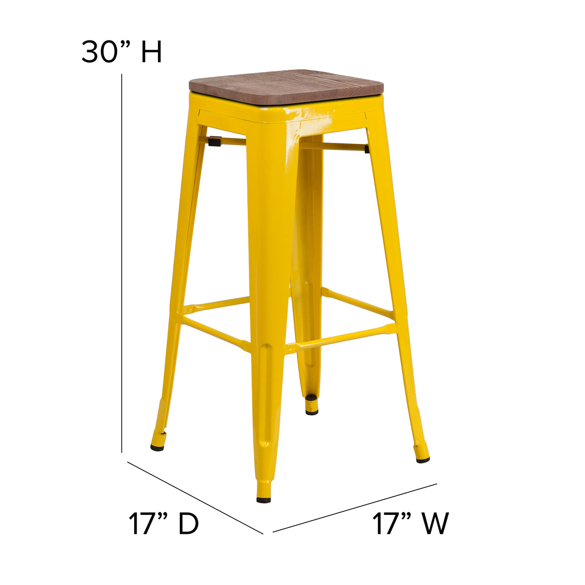 30" High Backless Metal Barstool with Square Wood Seat