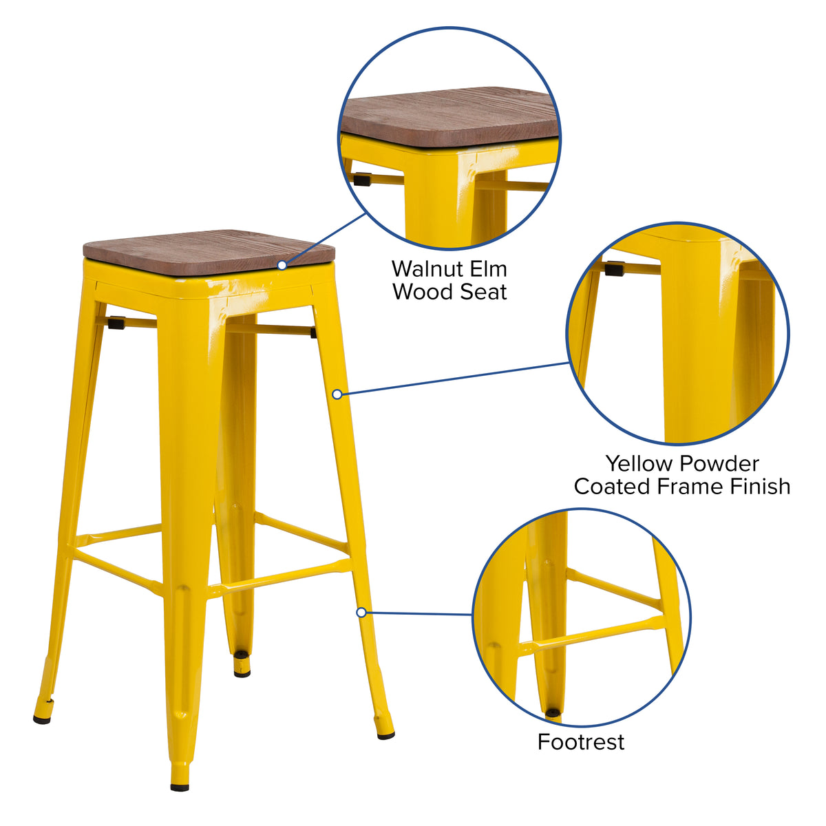 30" High Backless Metal Barstool with Square Wood Seat