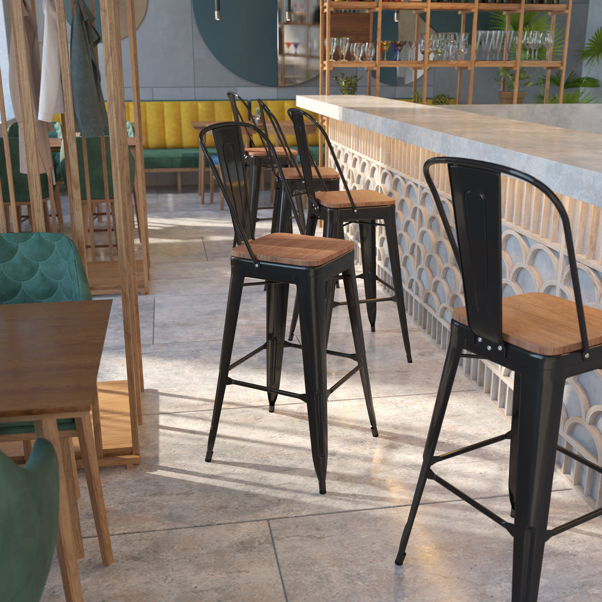 30" High Metal Barstool with Back and Wood Seat