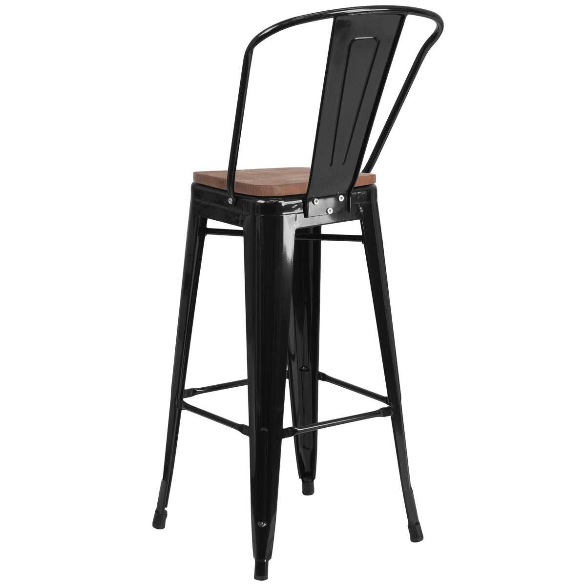 30" High Metal Barstool with Back and Wood Seat