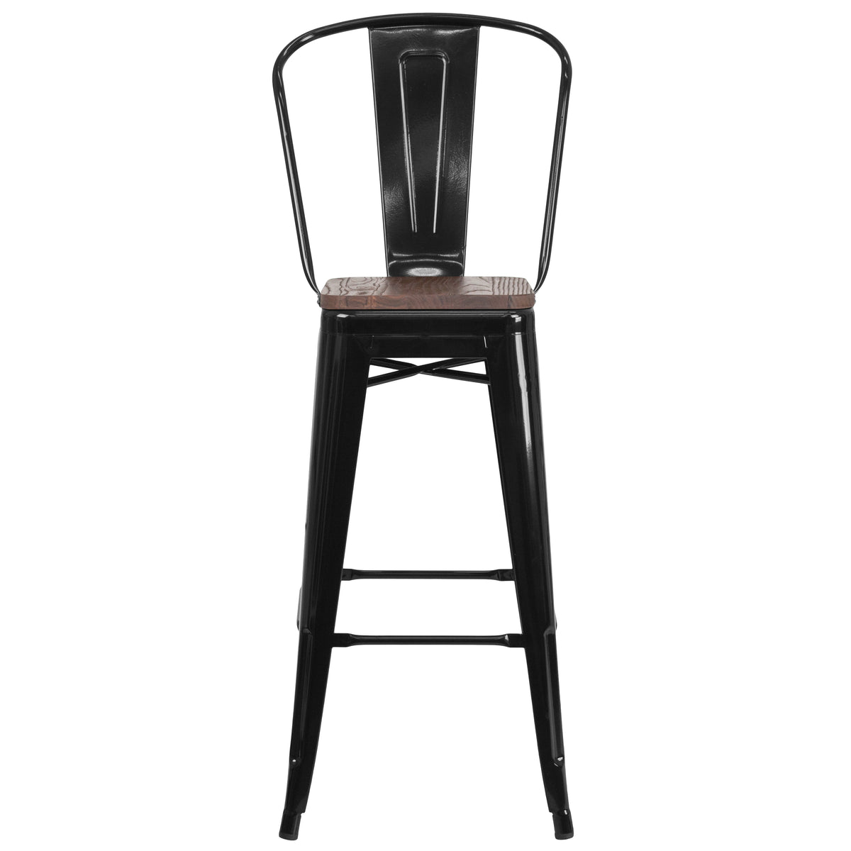 30" High Metal Barstool with Back and Wood Seat