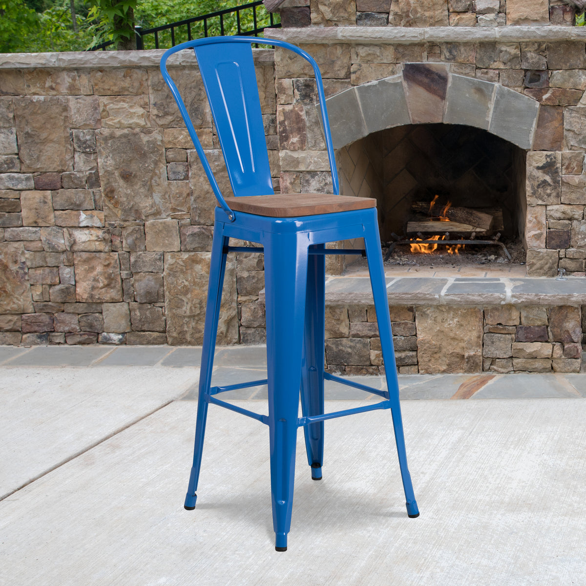 30" High Metal Barstool with Back and Wood Seat