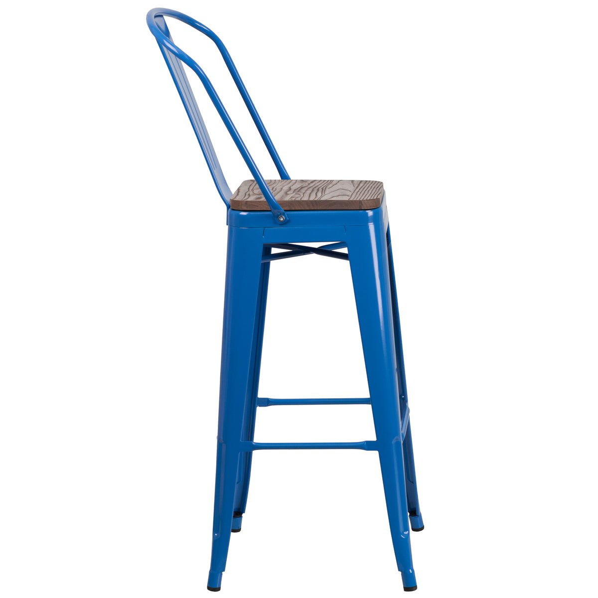 30" High Metal Barstool with Back and Wood Seat