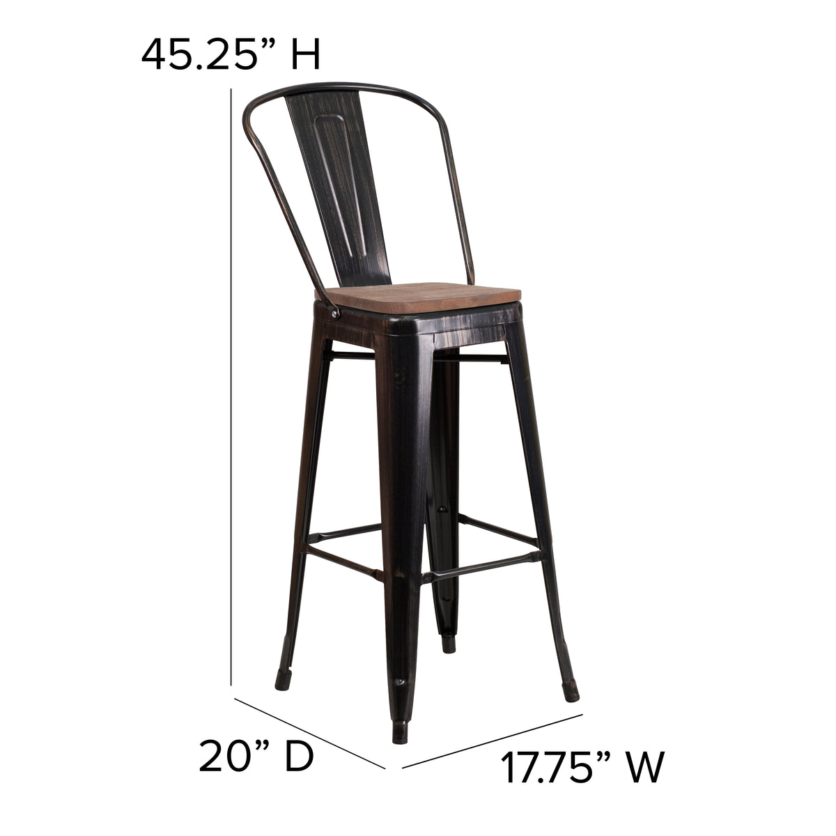 30" High Metal Barstool with Back and Wood Seat