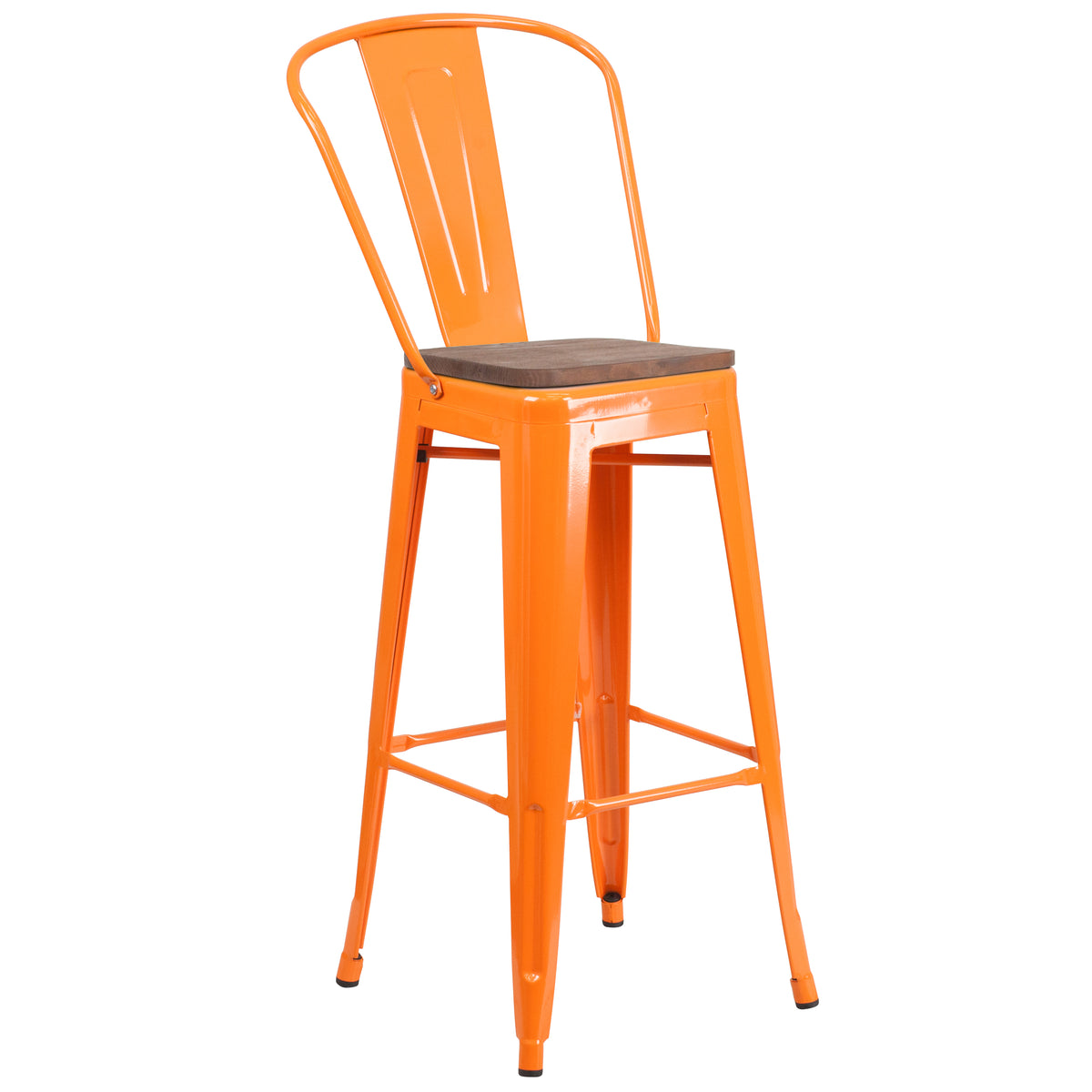 30" High Metal Barstool with Back and Wood Seat