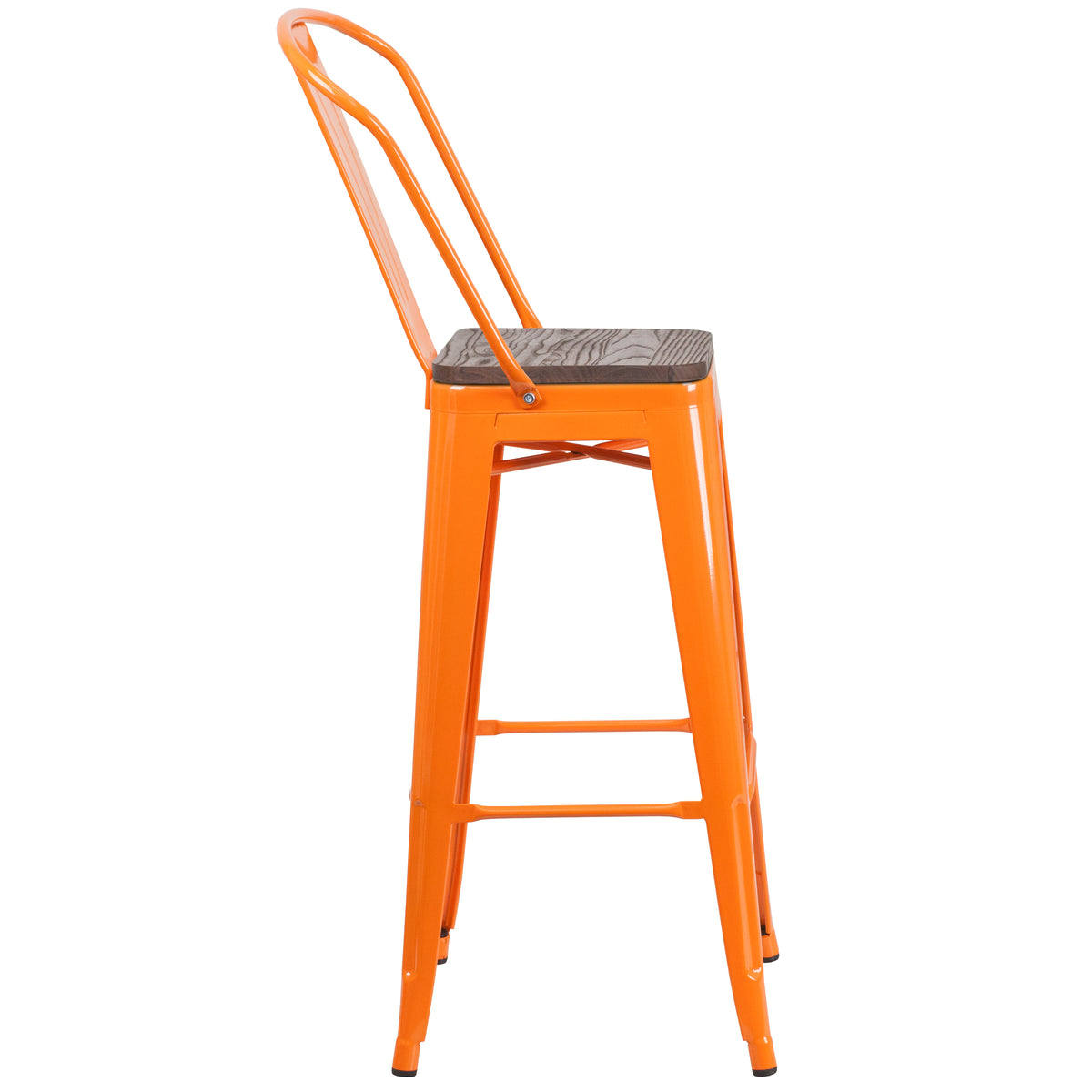 30" High Metal Barstool with Back and Wood Seat