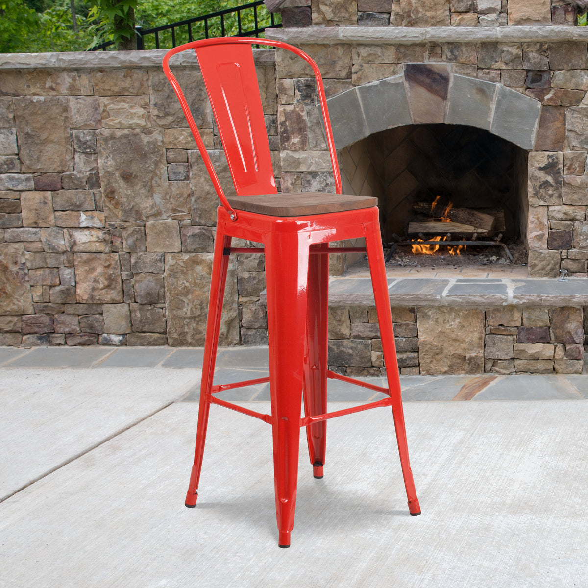 30" High Metal Barstool with Back and Wood Seat