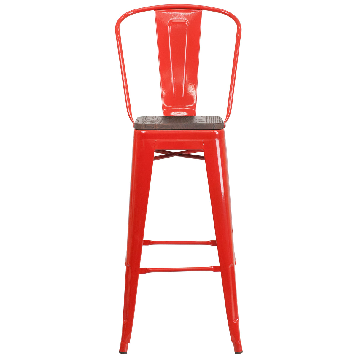 30" High Metal Barstool with Back and Wood Seat