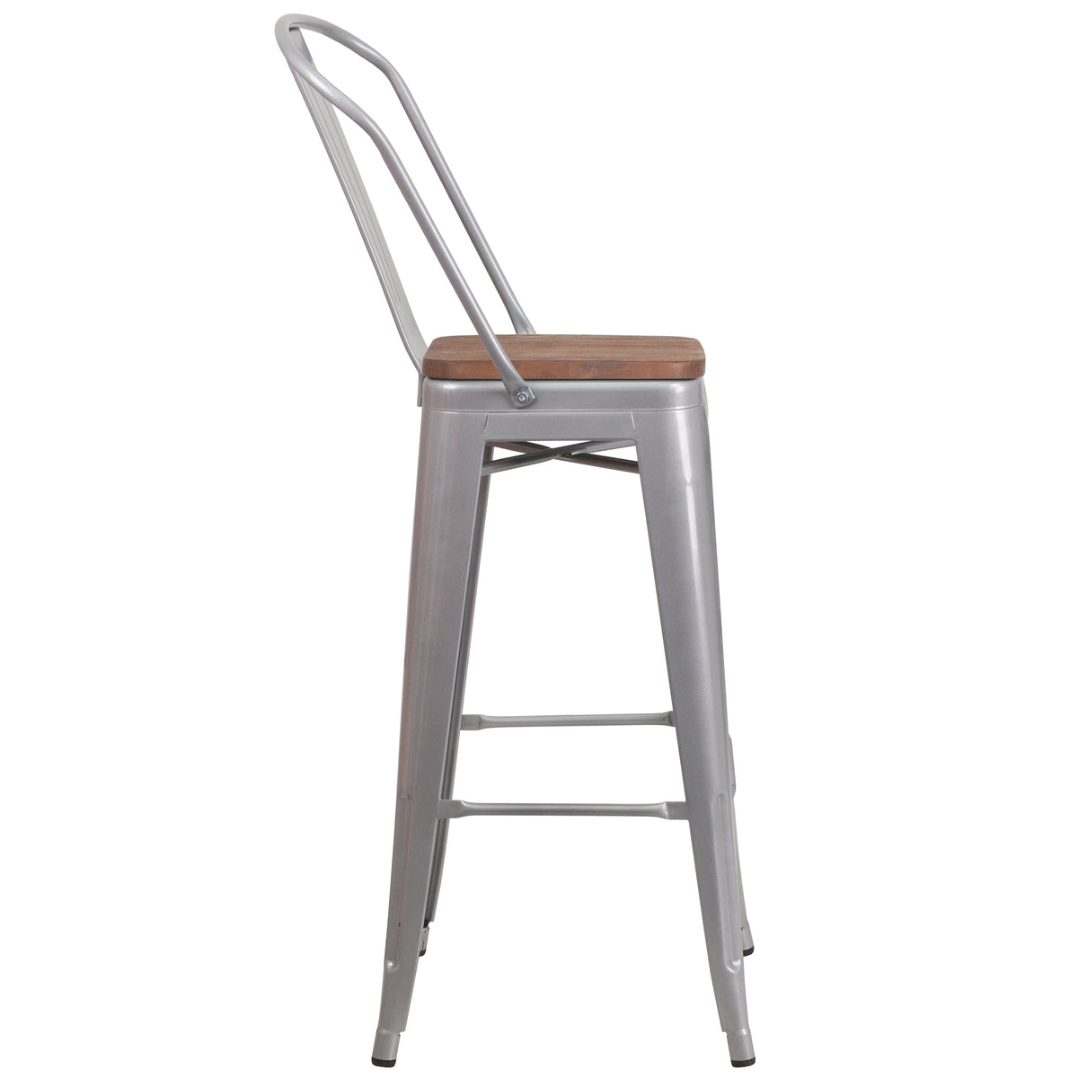 30" High Metal Barstool with Back and Wood Seat