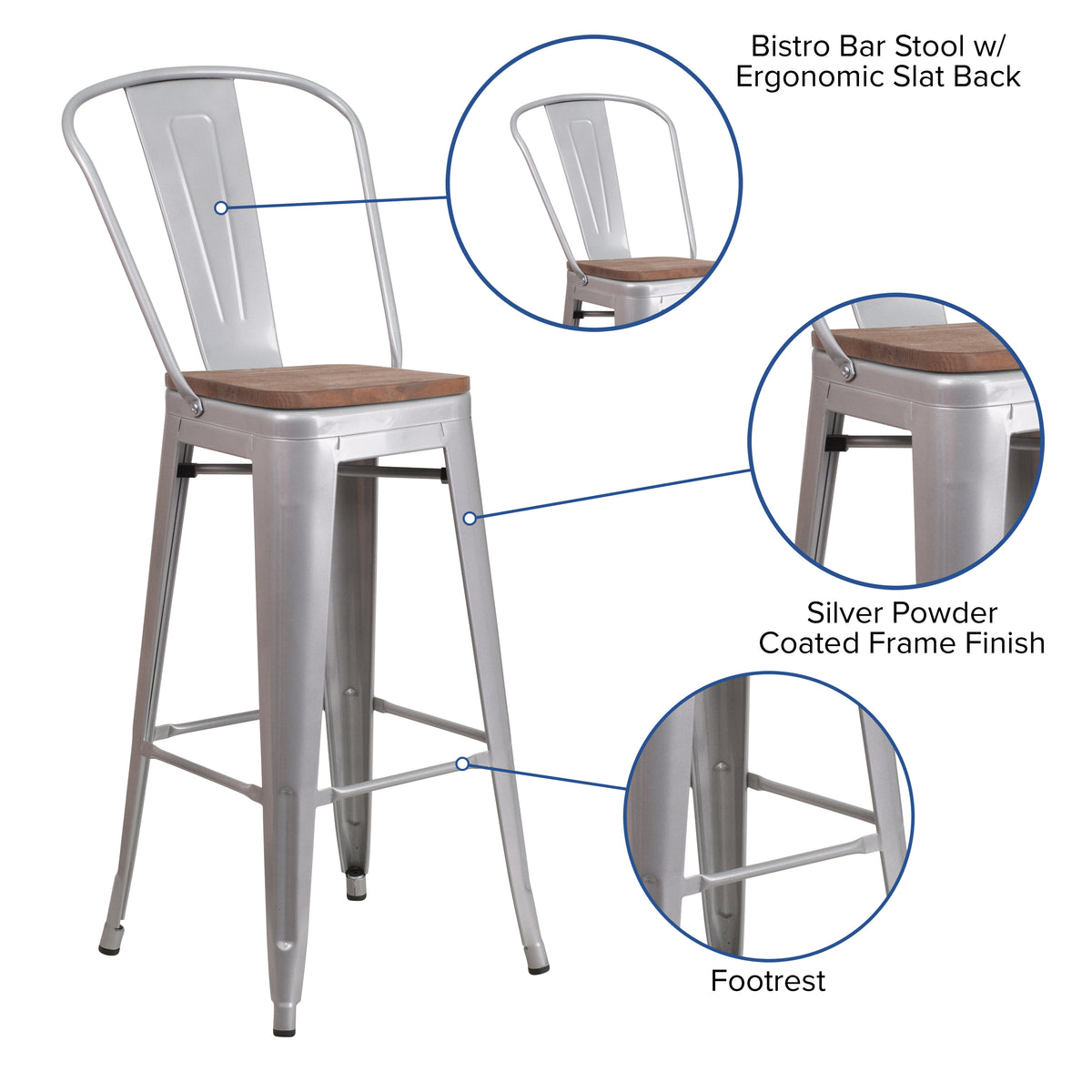 30" High Metal Barstool with Back and Wood Seat