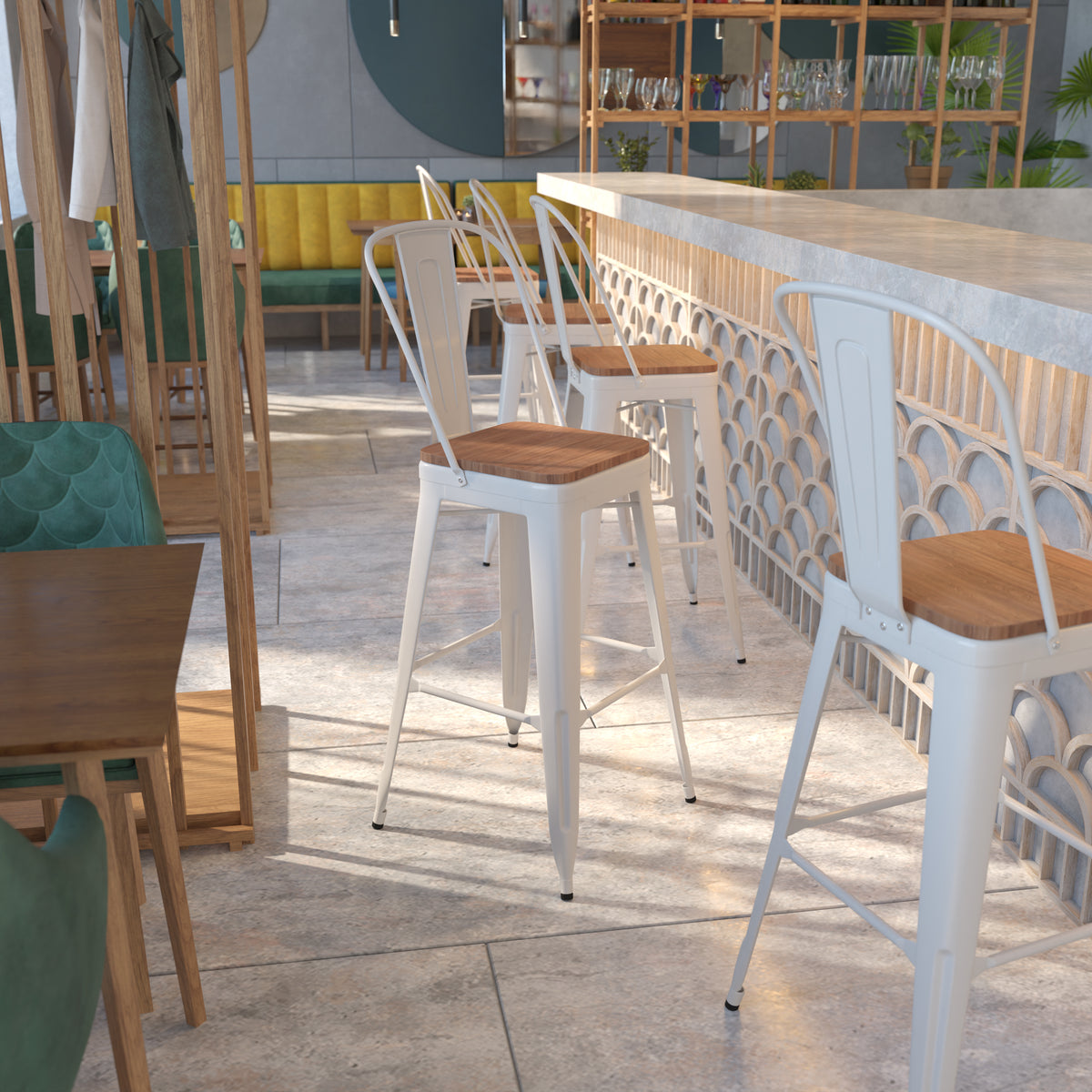 30" High Metal Barstool with Back and Wood Seat