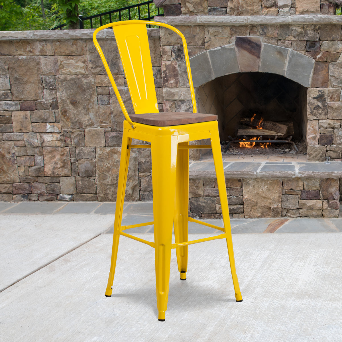 30" High Metal Barstool with Back and Wood Seat