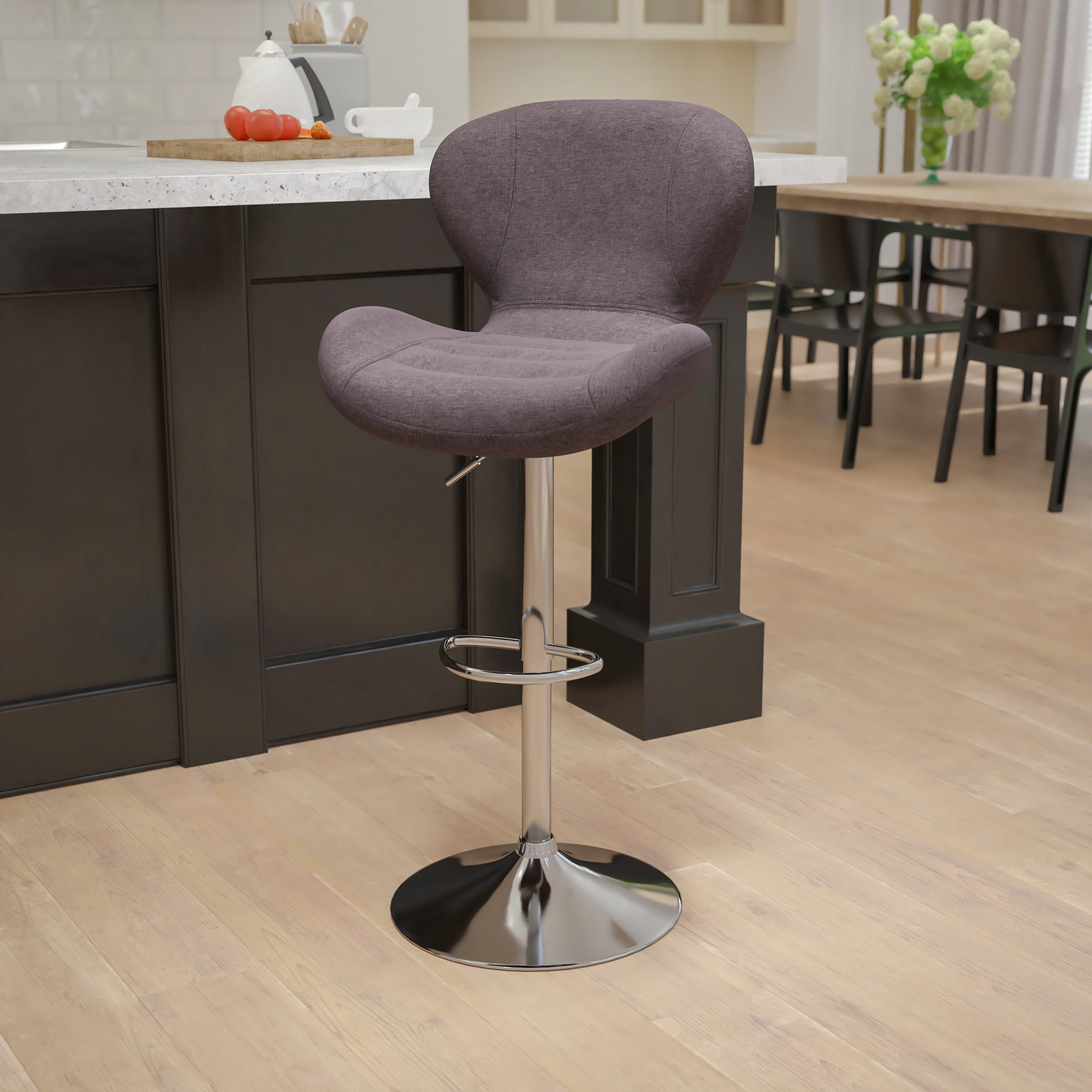 Contemporary Adjustable Height Barstool with Curved Back and Chrome Base