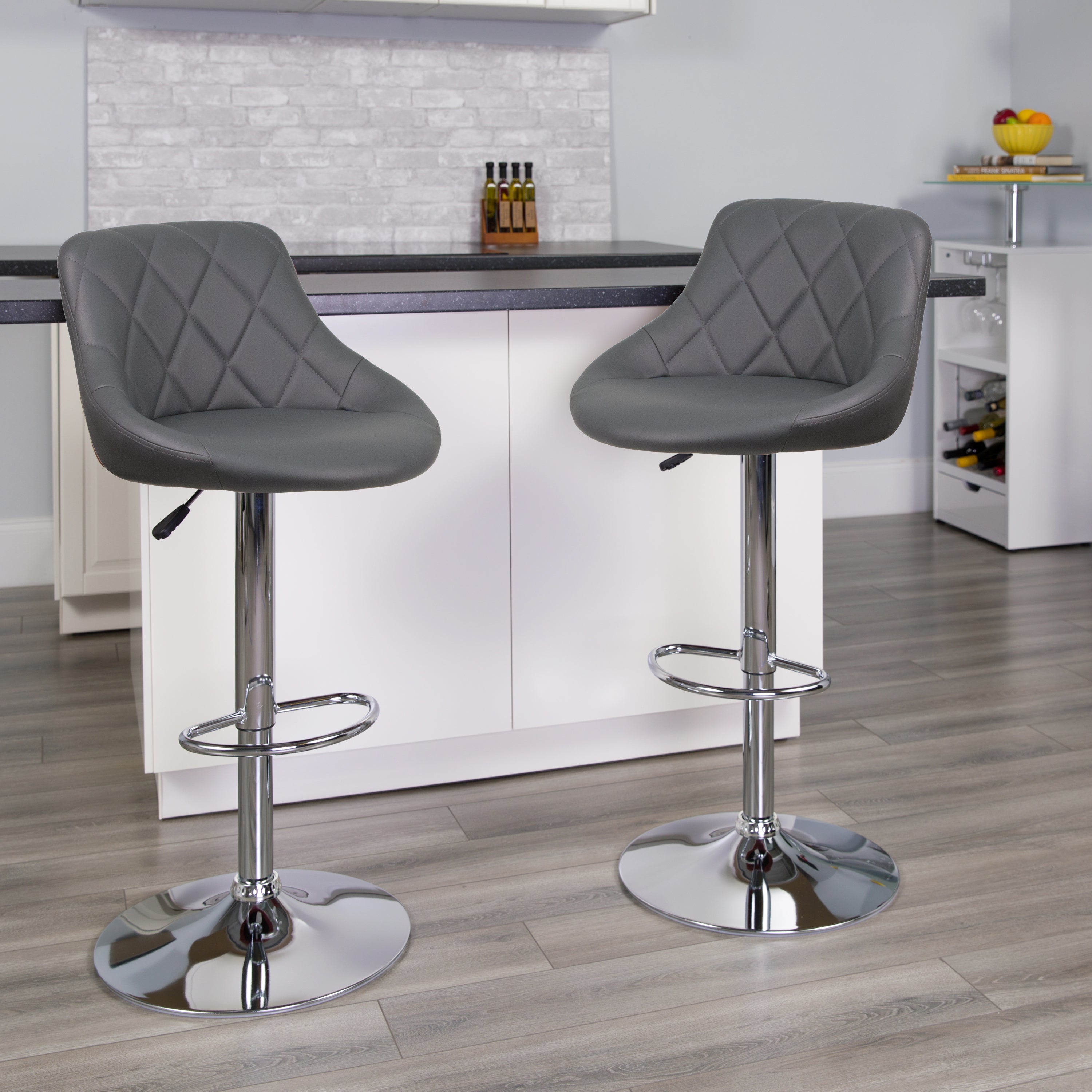 Contemporary Vinyl Bucket Seat Adjustable Height Barstool with Diamond Pattern Back and Chrome Base