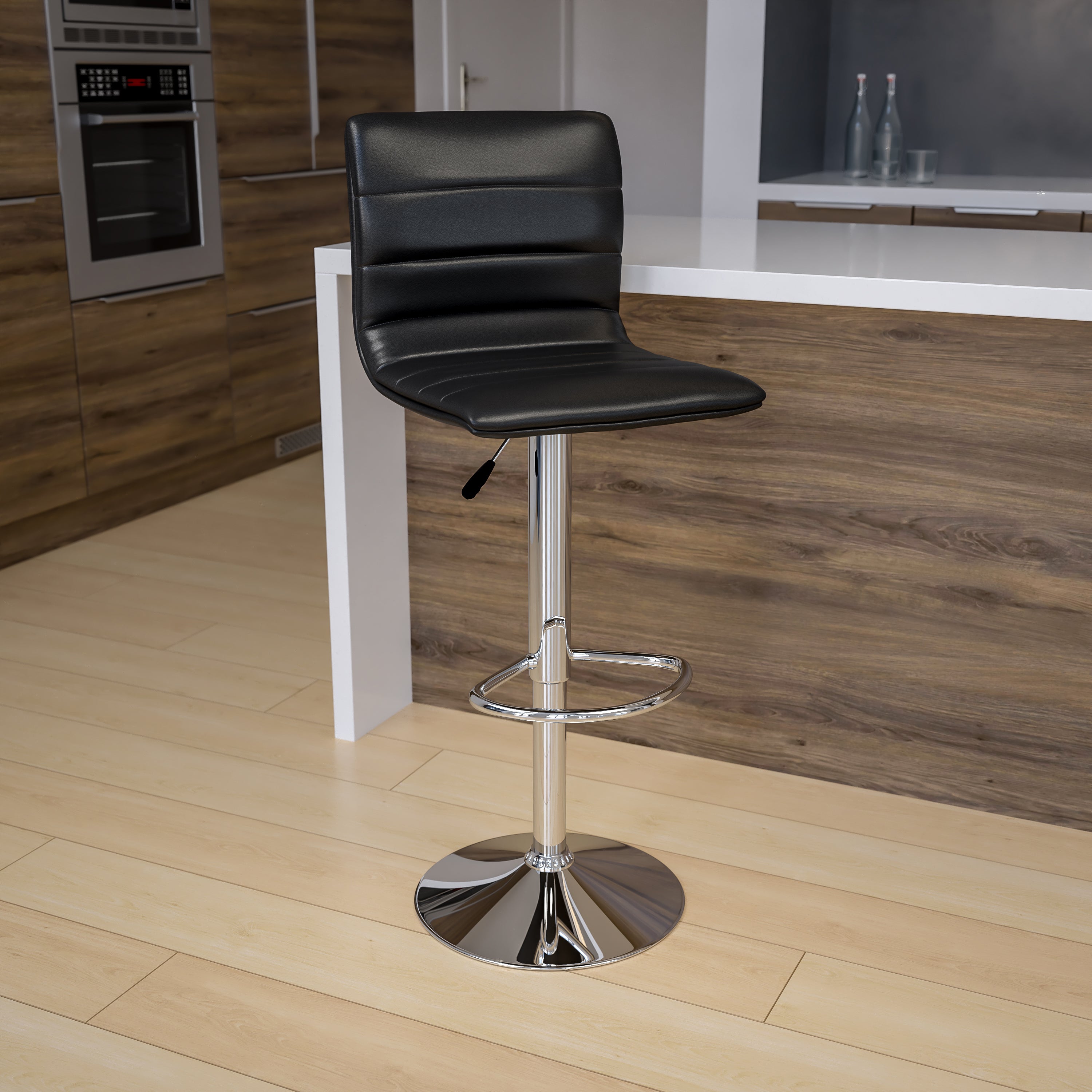 Modern Vinyl Adjustable Height Barstool with Back, Swivel Stool with Pedestal Base and Footrest
