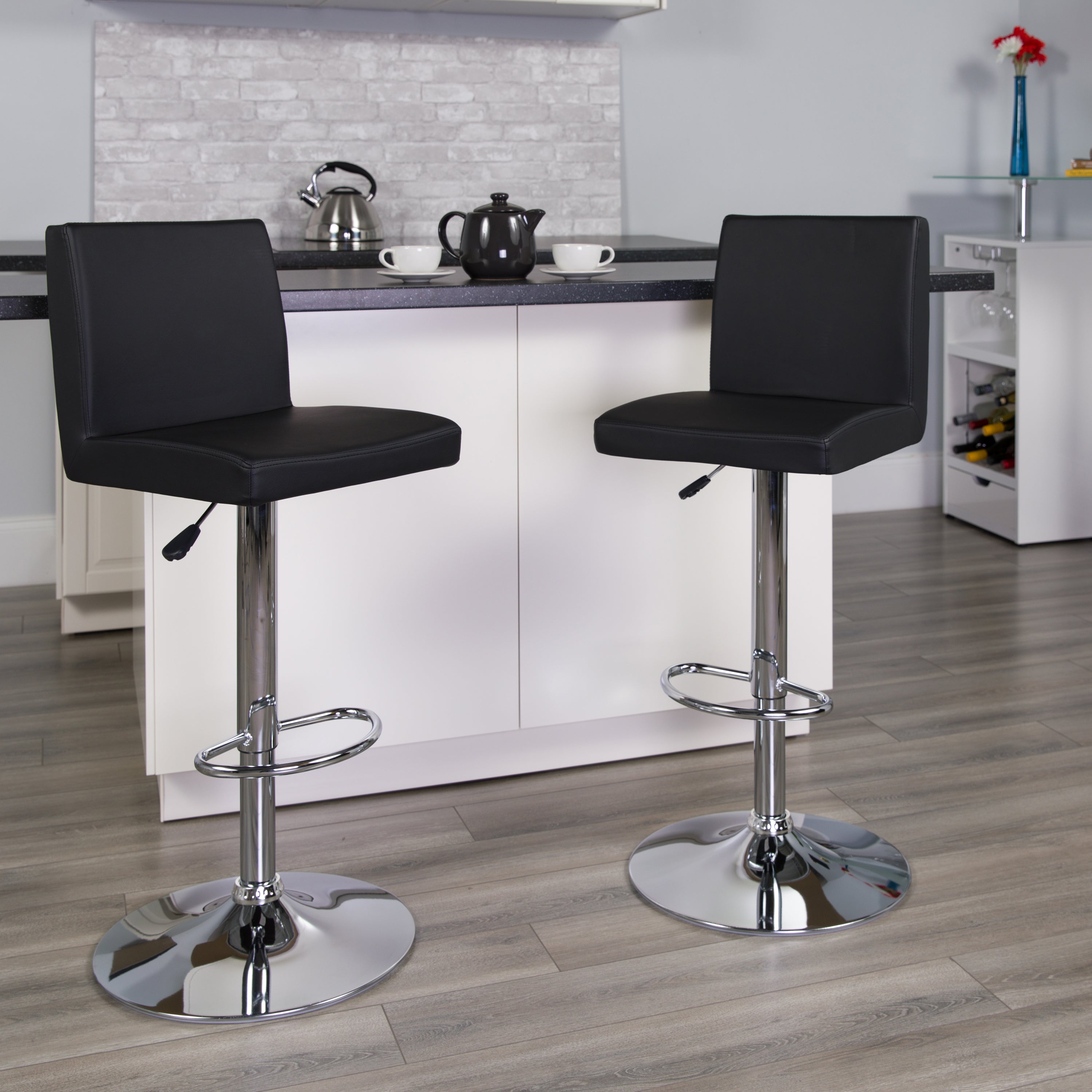 Contemporary Vinyl Adjustable Height Barstool with Panel Back and Chrome Base