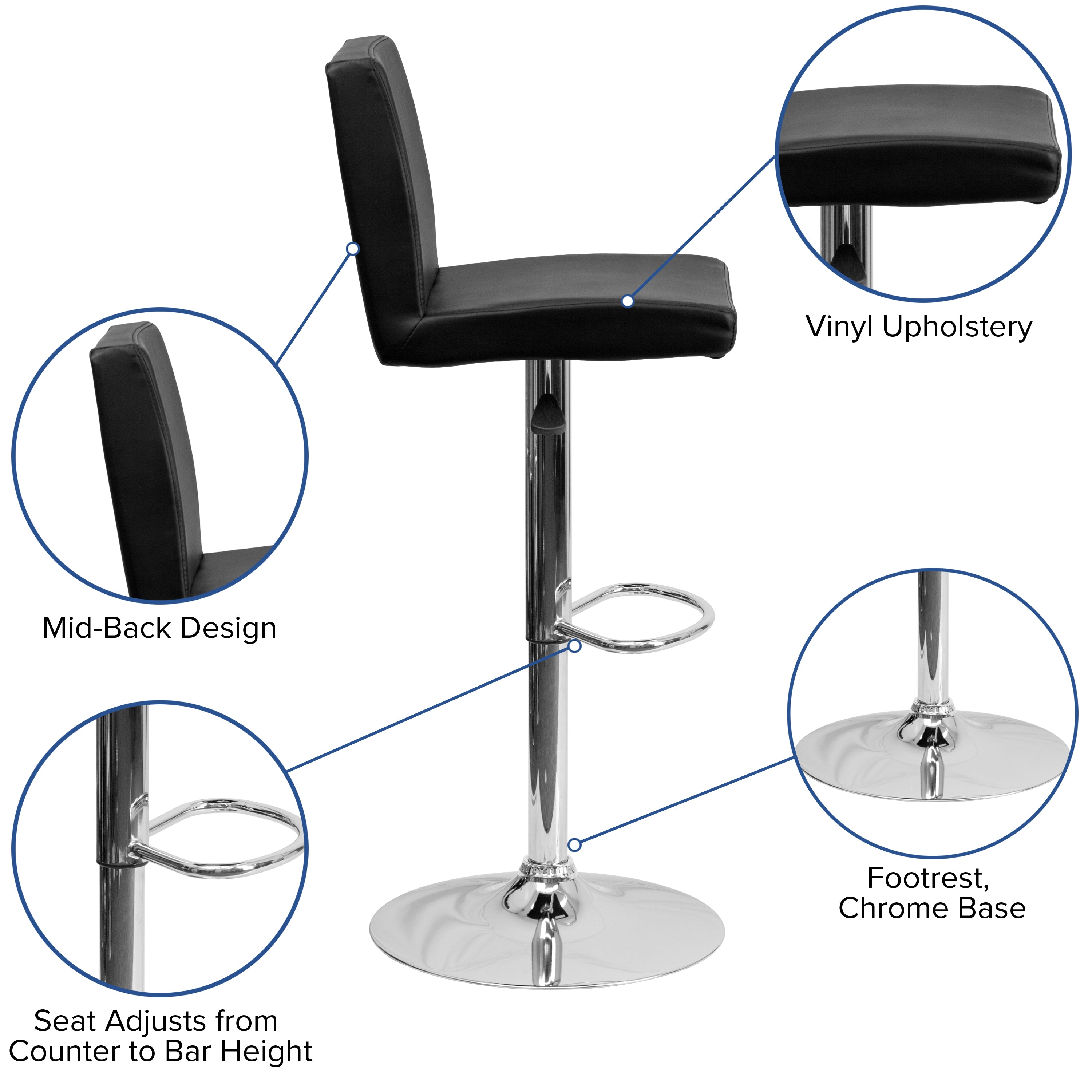 Contemporary Vinyl Adjustable Height Barstool with Panel Back and Chrome Base