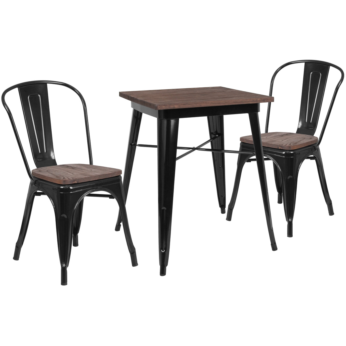 23.5" Square Metal Table Set with Wood Top and 2 Stack Chairs