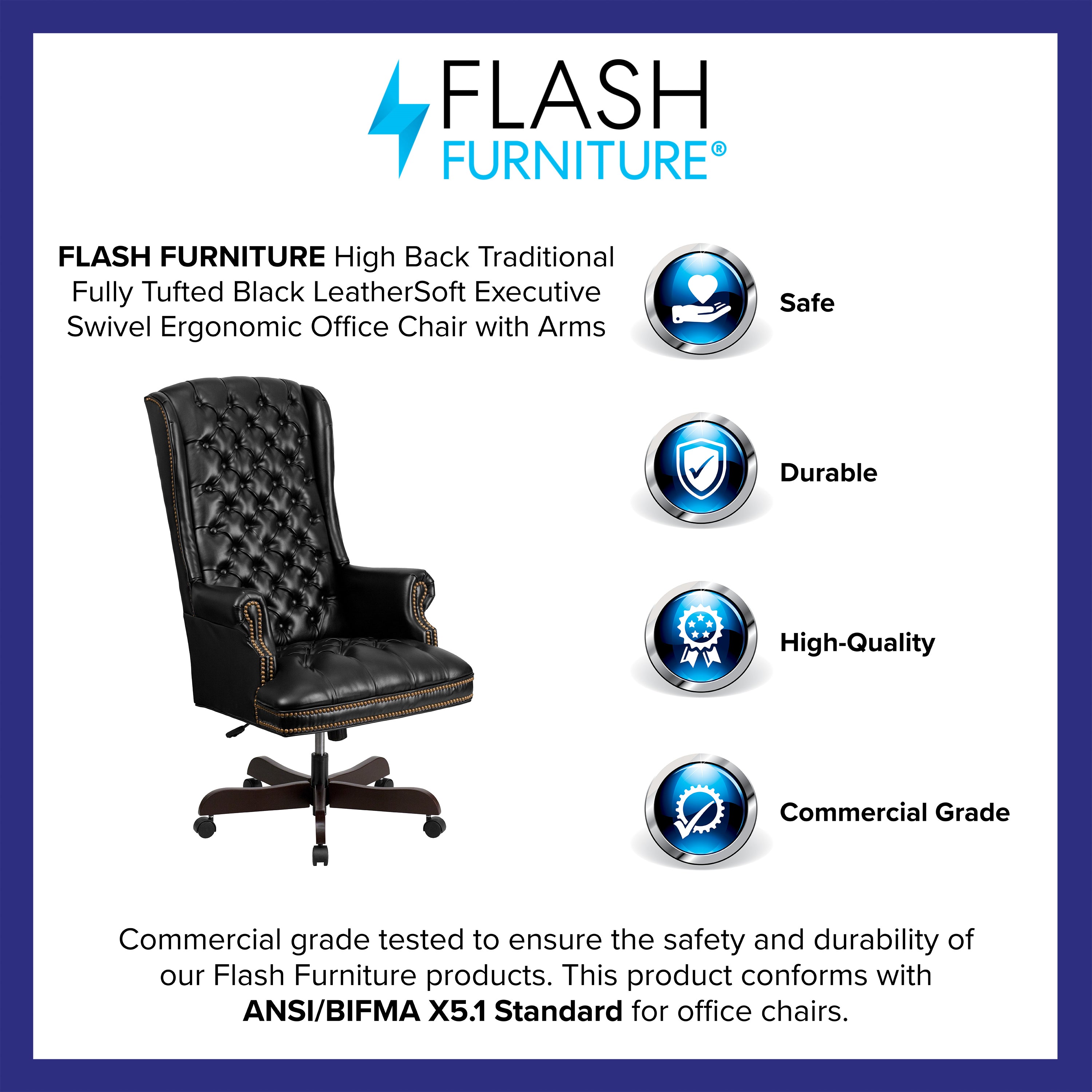 High Back Traditional Fully Tufted LeatherSoft Executive Swivel Ergonomic Office Chair with Arms