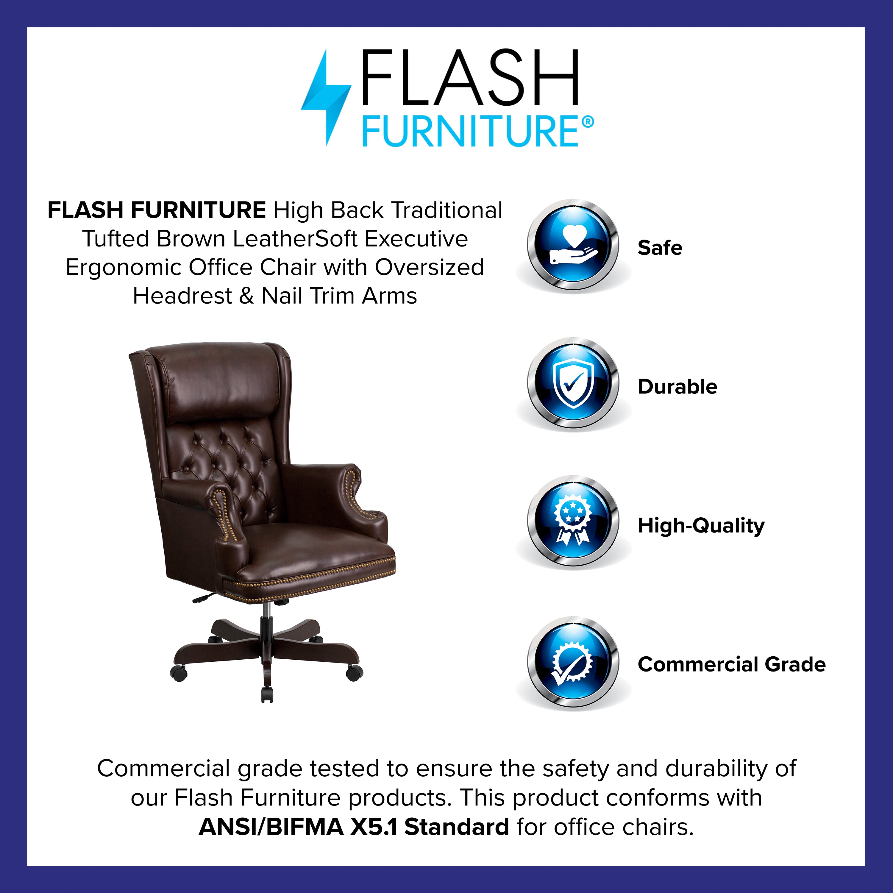 High Back Traditional Tufted LeatherSoft Executive Swivel Ergonomic Office Chair with Oversized Headrest and Nail Trim Arms