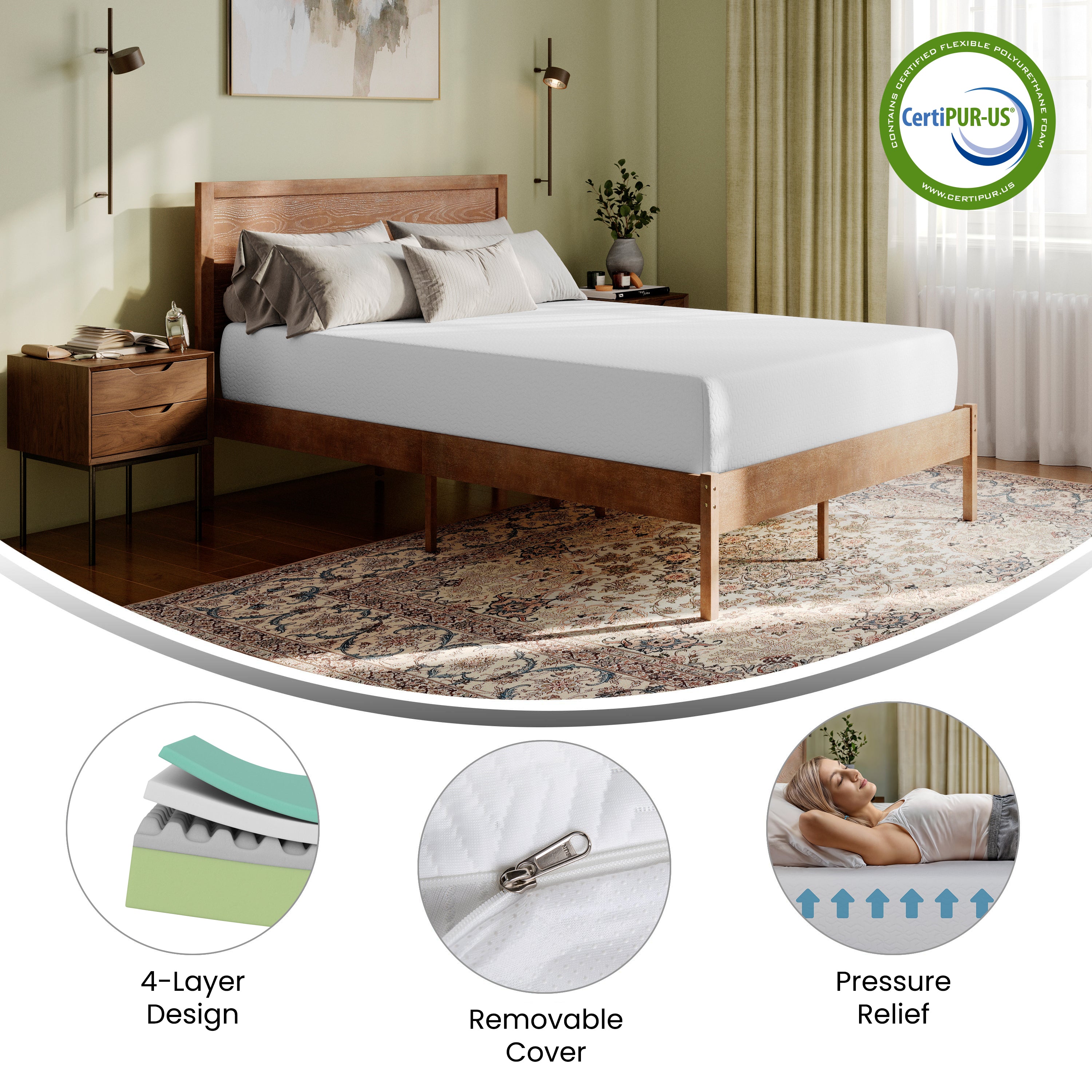 Cloud Green Tea Cooling Gel 4-Layer Memory Foam Mattress in a Box with CertiPUR-US Certification, Washable Cover, and Pressure Relief