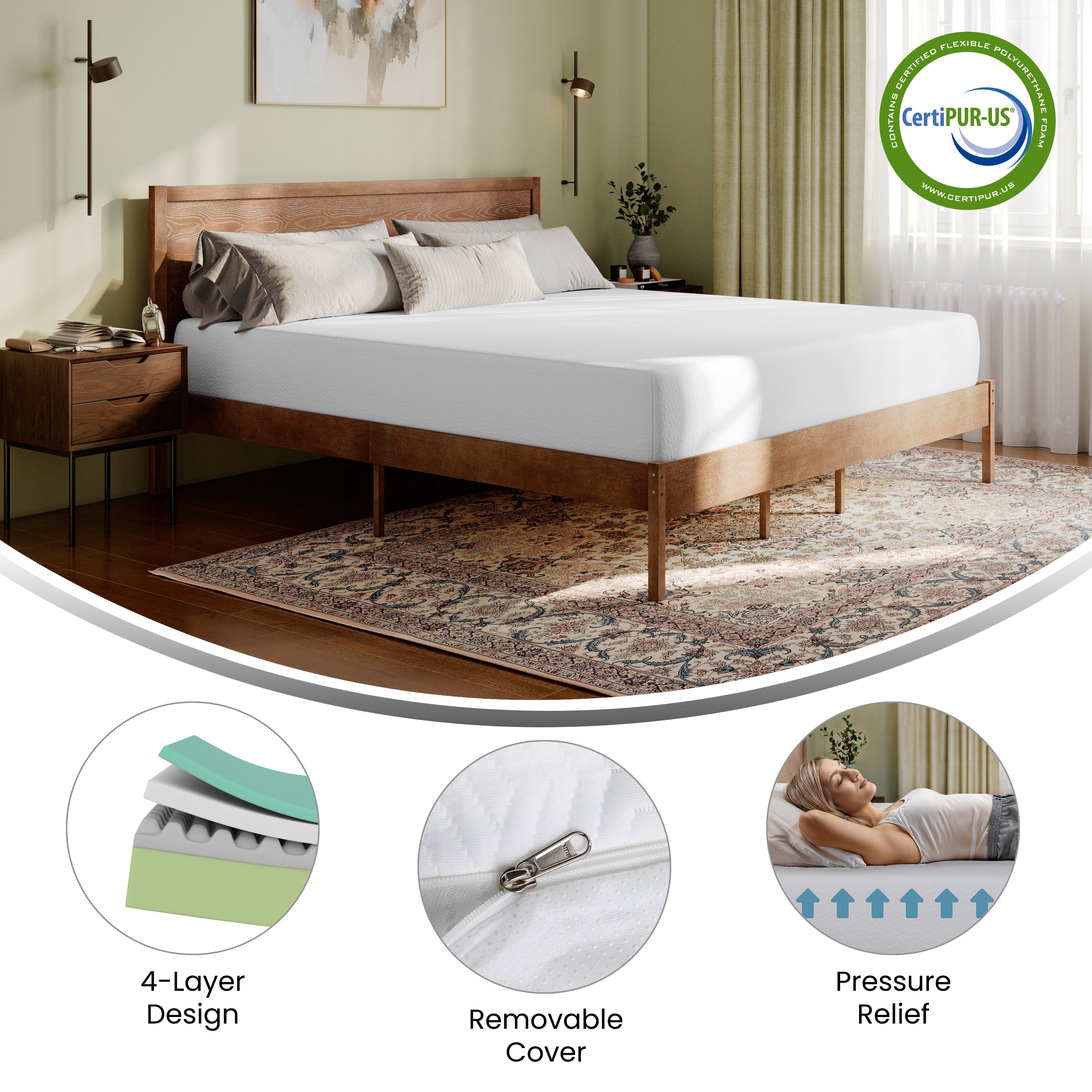 Cloud Green Tea Cooling Gel 4-Layer Memory Foam Mattress in a Box with CertiPUR-US Certification, Washable Cover, and Pressure Relief