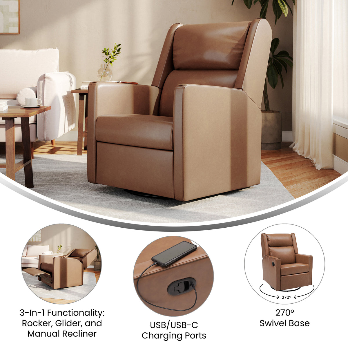 Cash Swivel Glider Rocker Manual Recliner Chair, 270 Degree Swivel, USB/USB-C Charging Ports, Perfect for Living Room or Nursery