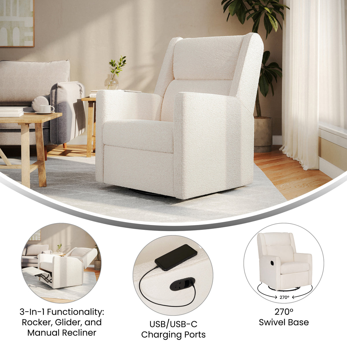 Cash Swivel Glider Rocker Manual Recliner Chair, 270 Degree Swivel, USB/USB-C Charging Ports, Perfect for Living Room or Nursery