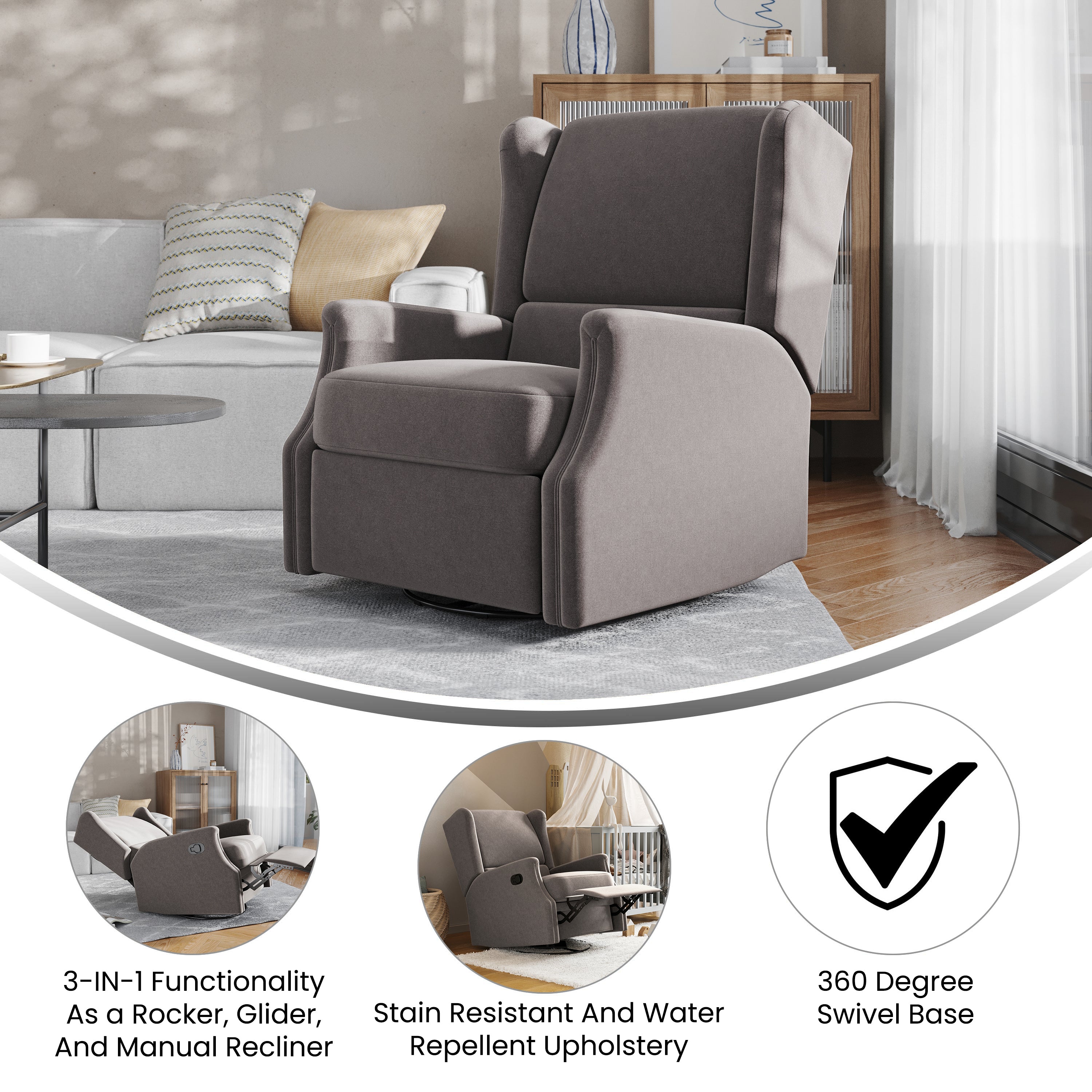 Omma Swivel Glider Rocker Recliner Chair, Manual 360 Degree Swivel Wingback Recliner Perfect for Living Room, Bedroom, or Nursery